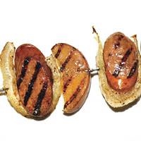 Kielbasa and Pear on a stick