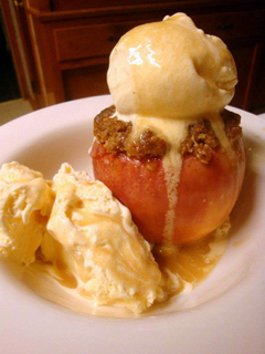 Baked Apple Crisp with Apple Cider Sauce and Vanilla Ice Cream